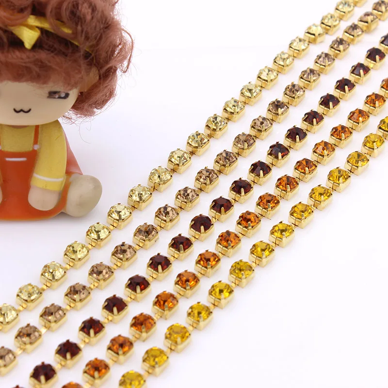 SS28 SS38 1Yard Mocha Opal Glass Crystal Rhinestones Cup Chain Far Mat K9 Glass Golden Base Trim For DIY Garment Bags Decoration