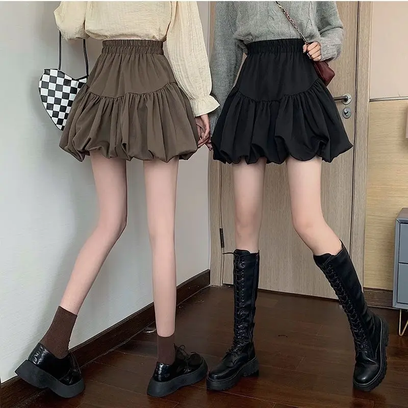 Mini Skirts Women Folds Design Ball Gown Sweet Autumn Clothes Harajuku BF Elastic Waist College Simple Fashion Casual Jupe Femme