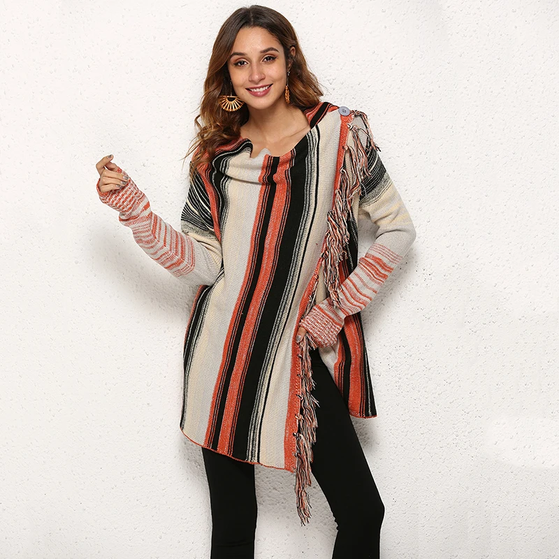 TEELYNN Long Sleeve Sweaters Cardigan Women Coats Vintage Irregular Fringe stripe Autumn Winter Jacket Boho knitted Long Jumper