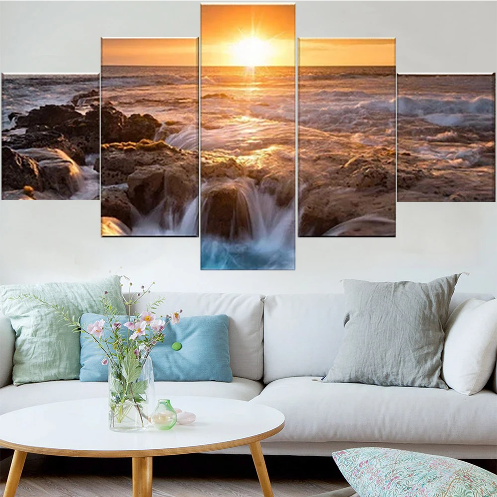 

5 Pieces Wall Art Canvas Painting Red Sunset Reef Seascape Poster Modern For Home Decoration Living Room Modular Framework