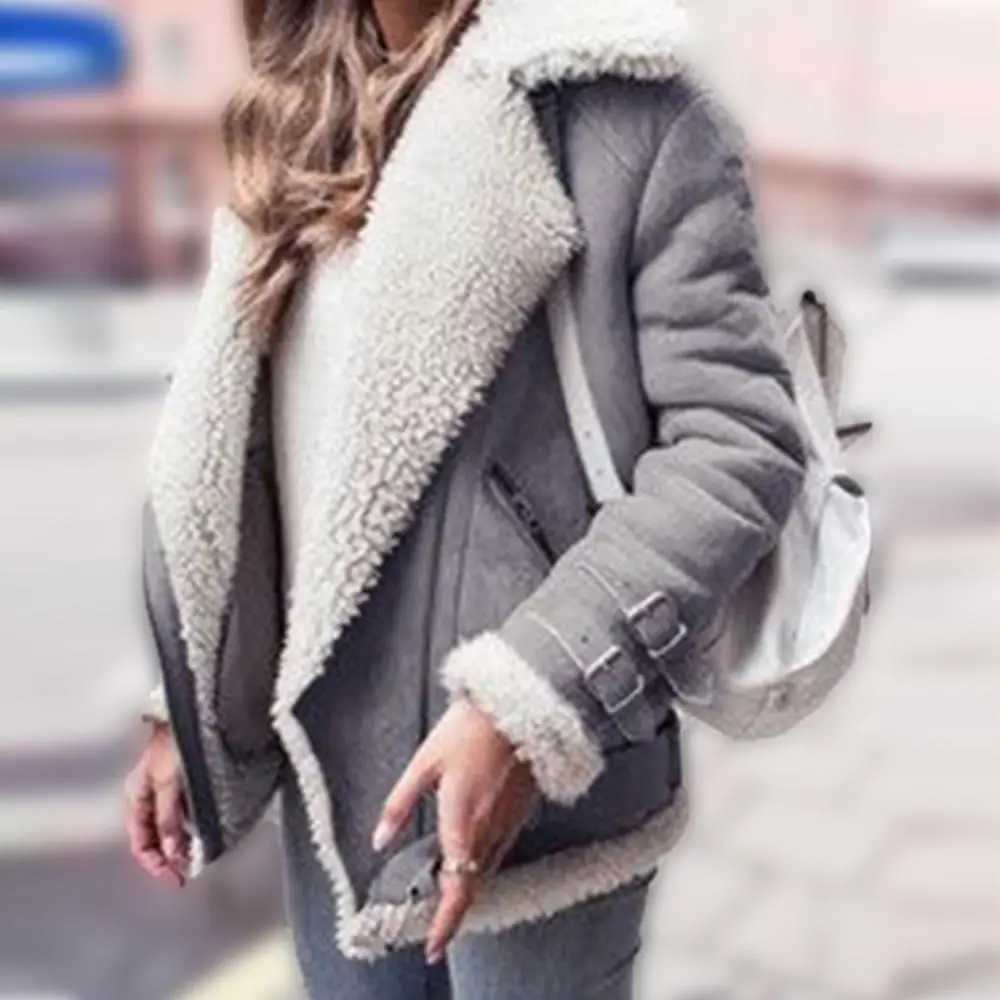 Faux Fur Winter Women Thicken Lapel Jacket Loose Buckle Straps Long Sleeve Outwear Coat Women Jacket