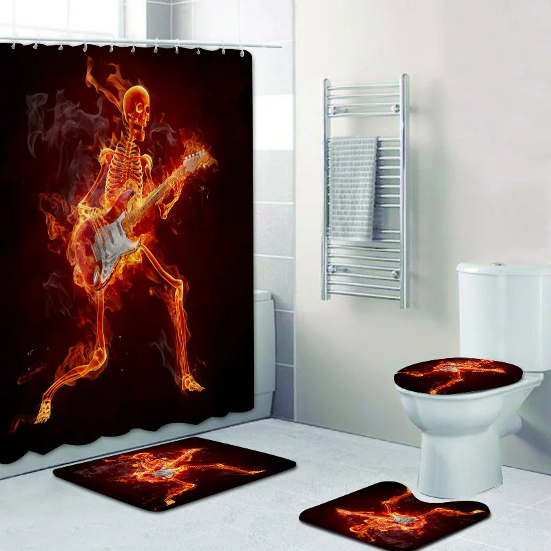 Funny Halloween Flame Skull Skeleton Playing Guitar Shower Curtain Bathroom Curtain Set Burning Skull Bath Rug Carpet Home Decor