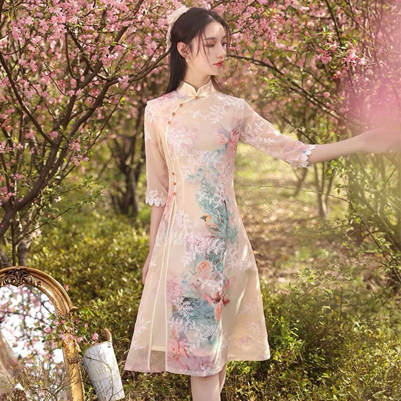 Phương Đông Áo Người Phụ Nữ Thanh Lịch Trung Quốc Qipao Sườn Xám Châu Á Đầm Hiện Đại Năm 2022 Truyền Thống Đầm Ren Hoa Vintage Đảng