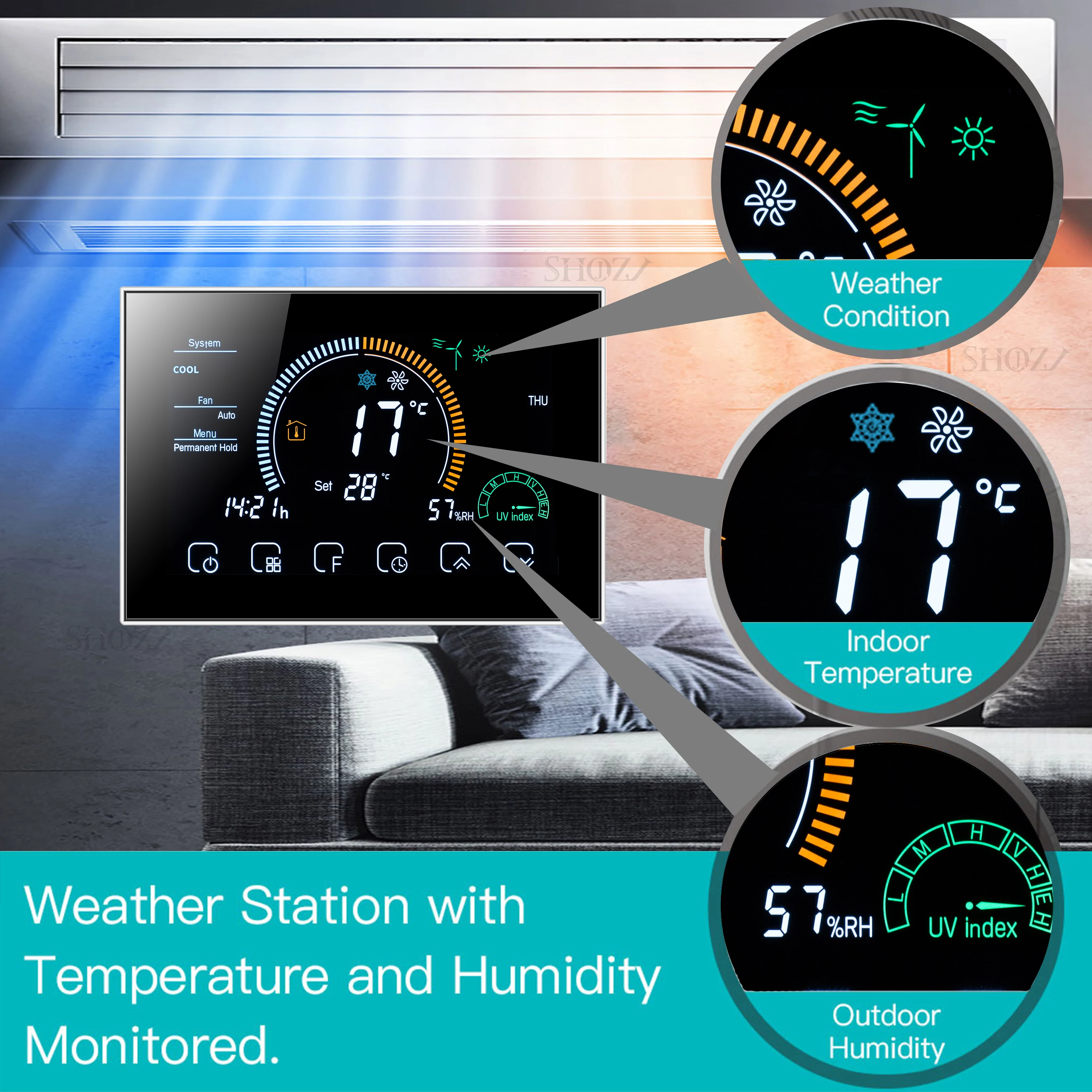 

4.8 Inch Large Colorful Screen Room Air Programmable Thermostat Multifunction Monitor City Weather 3 Speed Fan Works with Alexa