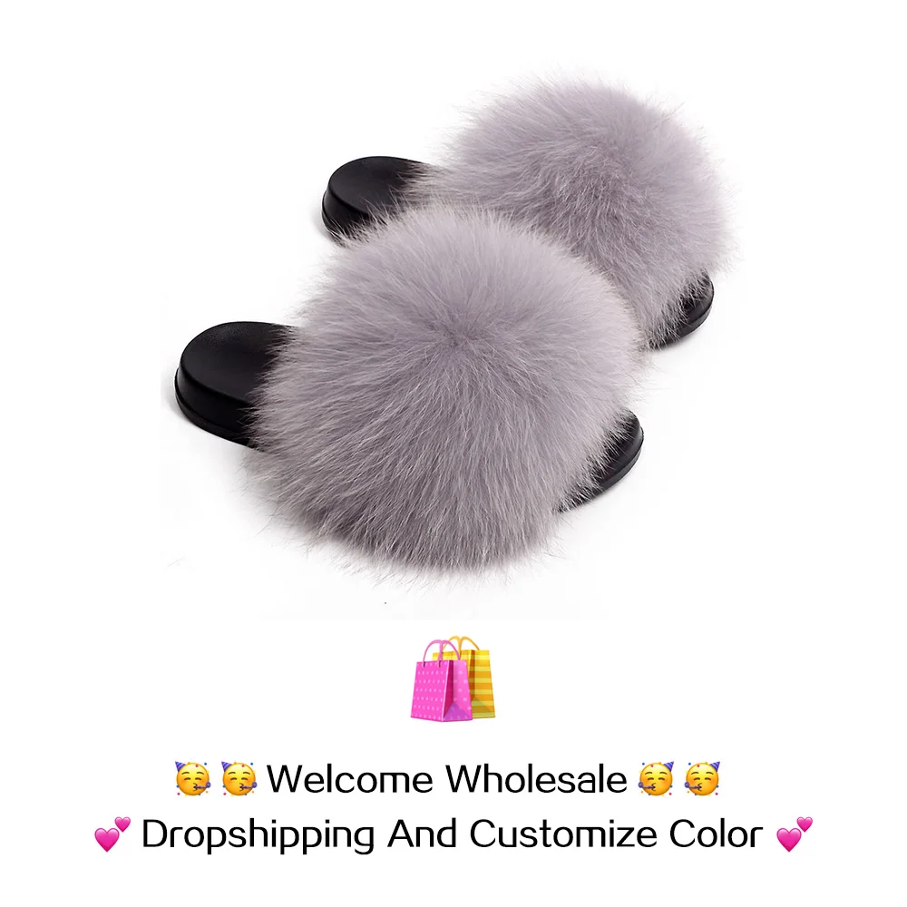 Ethel Anderson Genuine Fox Fur Slippers Slides Beauty Summer Fluffy Flip Flops Good Quality Cozy Raccoon Fur Sandals Shoes