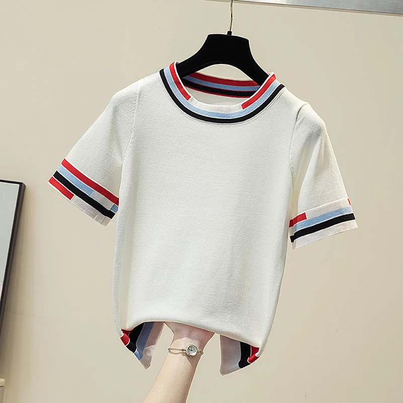 2022 Summer T Shirt Women Knitted Womens Tops O-Neck Tshirts Contrast Color Short Sleeve Tees Casual Woman Clothes Poleras Mujer