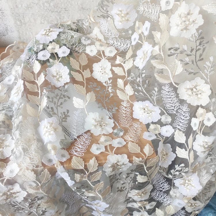 Apricot flowers leaves sequins lace fabric color mesh embroidery fabric clothing, wedding dresses, dress cloth