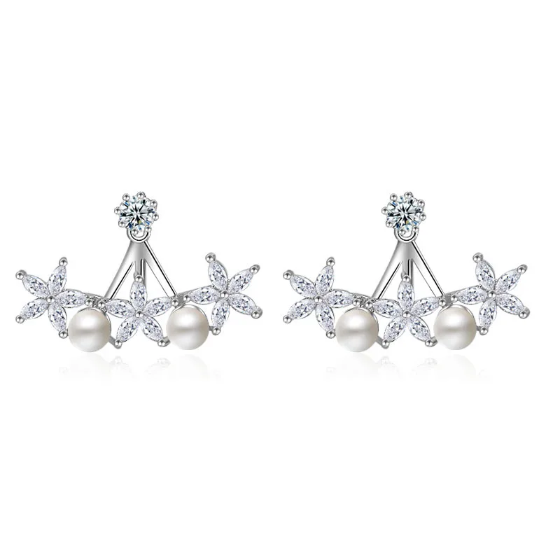 Promotion Crystal Flower Female Fashion Elegant Pearl Star 925 Silver Needle Ladies Stud Earrings Jewelry Birthday Gifts