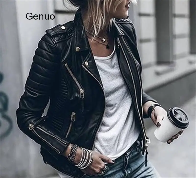 Chaqueta de piel sintética para mujer, abrigo negro de manga larga con cremallera para motorista, ropa de calle para otoño e invierno, 2020