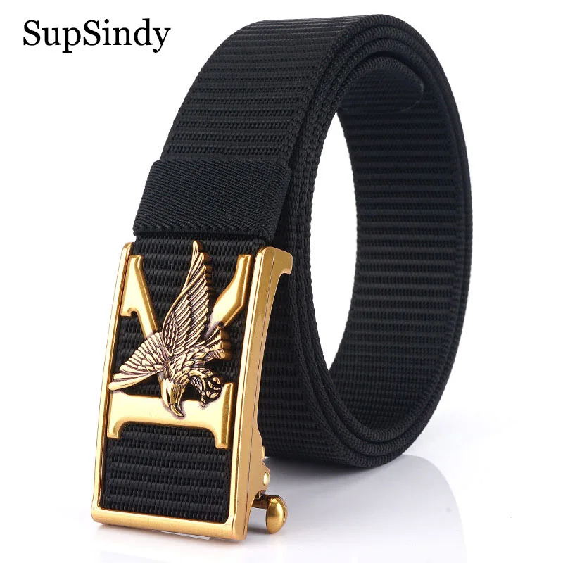 

SupSindy Men Nylon Belt Luxury Gold Eagle Metal Automatic Buckle Canvas Belts for Women Fashion Jeans Waistband Black Male Strap