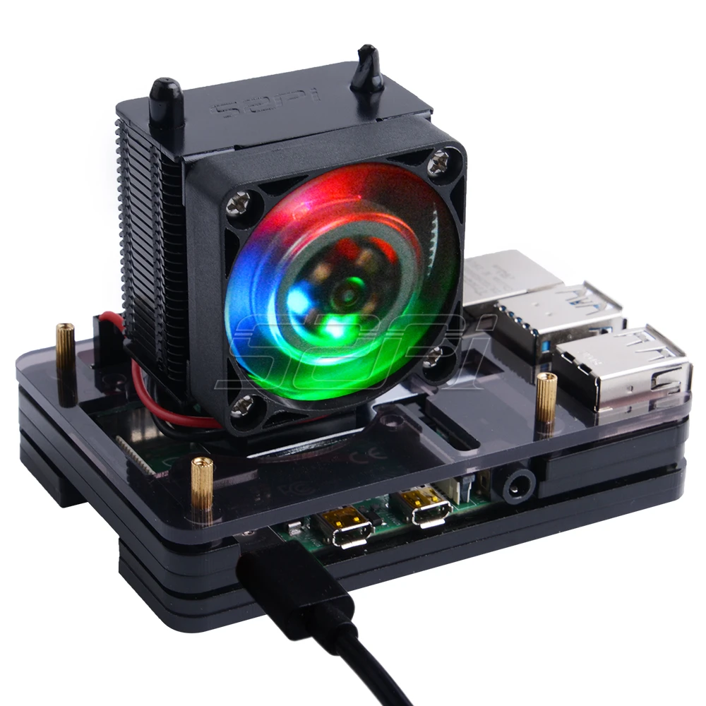 52Pi ICE Tower Raspberry Pi 4B Cooling Fan Super Heat Dissipation 7 Colors Light Bracket + Acrylic   Case for Raspberry Pi 4/3B