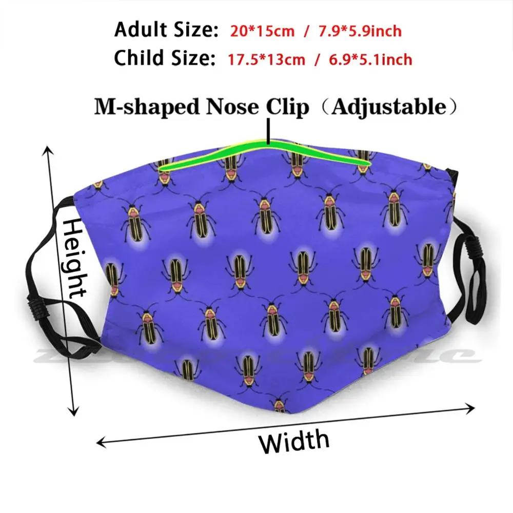 Masque filtrant Pm2.5 lavable à motif de lucioles, filtre personnalisé, foudre, insecte, faune naturelle