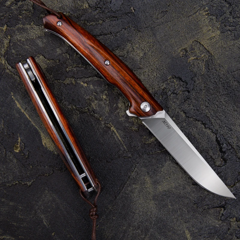 Bohler M390 스틸 블레이드 접이식 포켓 나이프 아이언 우드 손잡이, 칼집 EDC 도구, 야외 사냥 자기 방어 생존