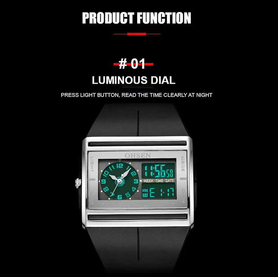 OHSEN Brand Digital Quartz Mens Fashion Sport Watch Wristwatch Dual Time Display 30M Waterproof Rubber Band White LCD Male clock