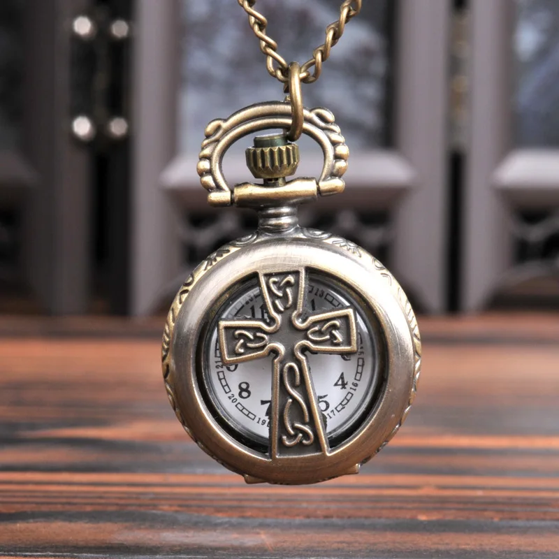 6064Bronze trumpet cross classical clamshell personality pocket watch fine chain engraving hollow table