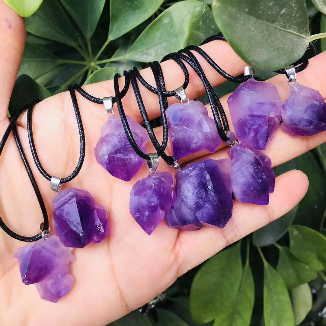 Natural Purple Amethysts Cluster Point Pendants Healing Crystals Energy Gemstones Necklace Jewelry Wholesale