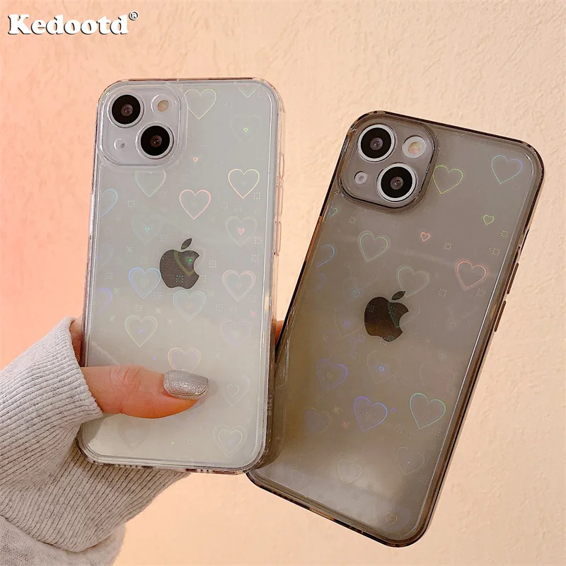 Fashion Holographic Laser Love Heart Pattern Clear Case For iPhone 13 12 11 Pro Max Mini X XS XR 7 8 Plus SE Silicon Cover Funda