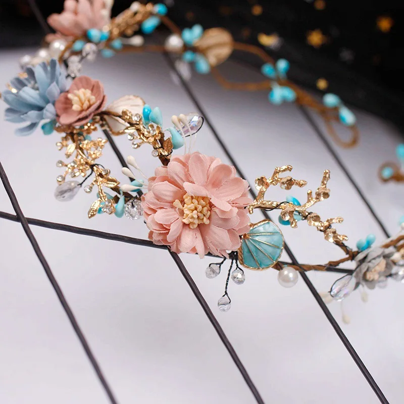 Luxury Blue Pink Flower Crystal Headbands Handmade Beads Baroque Flowers Garland Circular Hoop Crowns Bridal Wedding Accessories