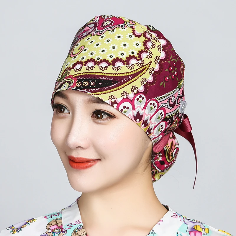 Topi Gosok Cetak dengan Kancing Perban Topi Kerja Tieback Topi Wanita Katun Kepala Pakai Dapat Dipakai Kembali Salon Kecantikan Pakaian Kerja Hewan Peliharaan