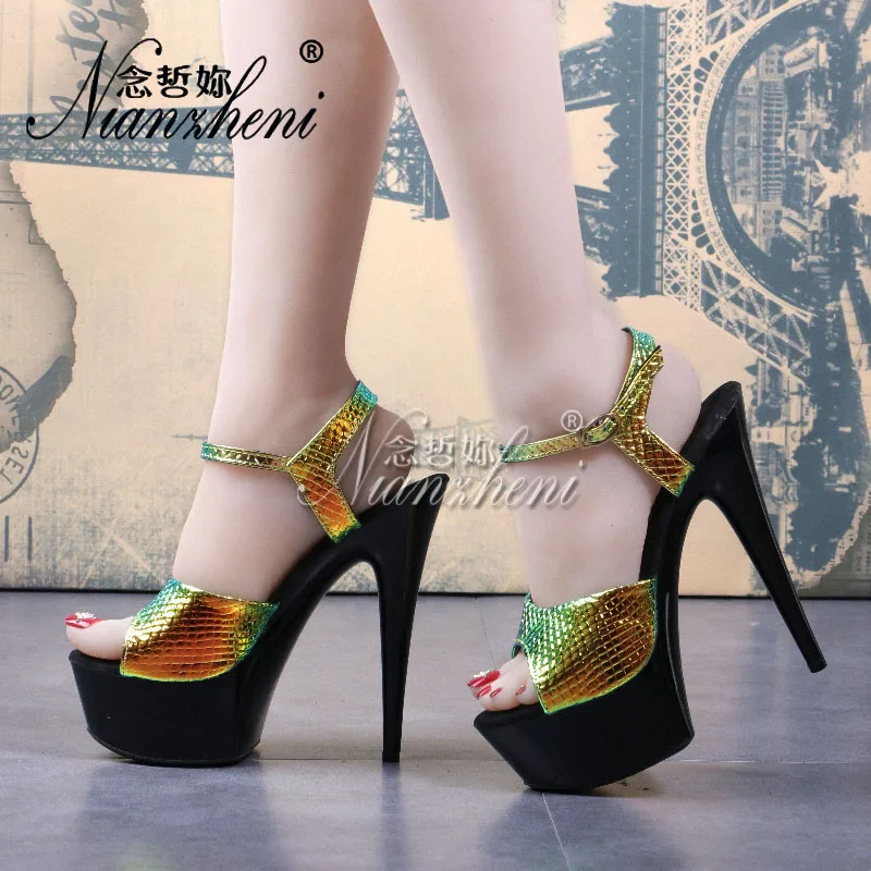 15cm Super High heeled shoes Laser Shallow Open Toe Women's Sandals 6 inches Sexy Fetish Nightclub Pole dancing Trend paint Show