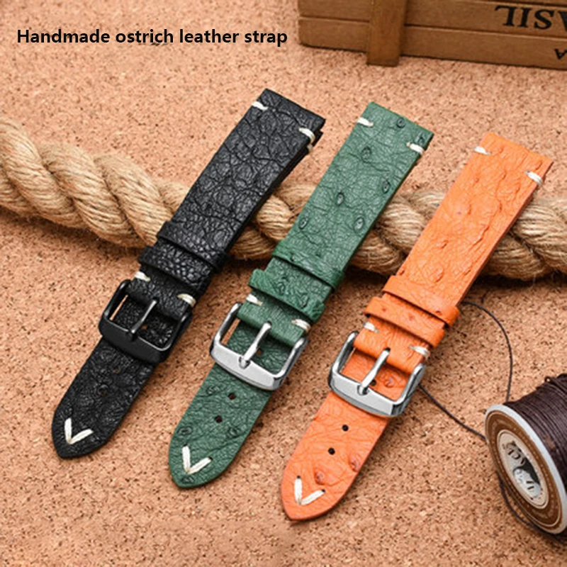 Ultra-thin soft handmade ostrich leather black and green watch strap for  water ghost  18 20 22m watch straps