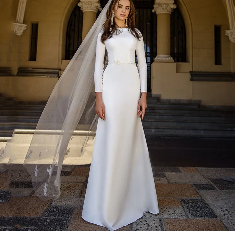 Elegante Vestido de novia de sirena con perlas, bohemio, de encaje, manga larga, musulmán