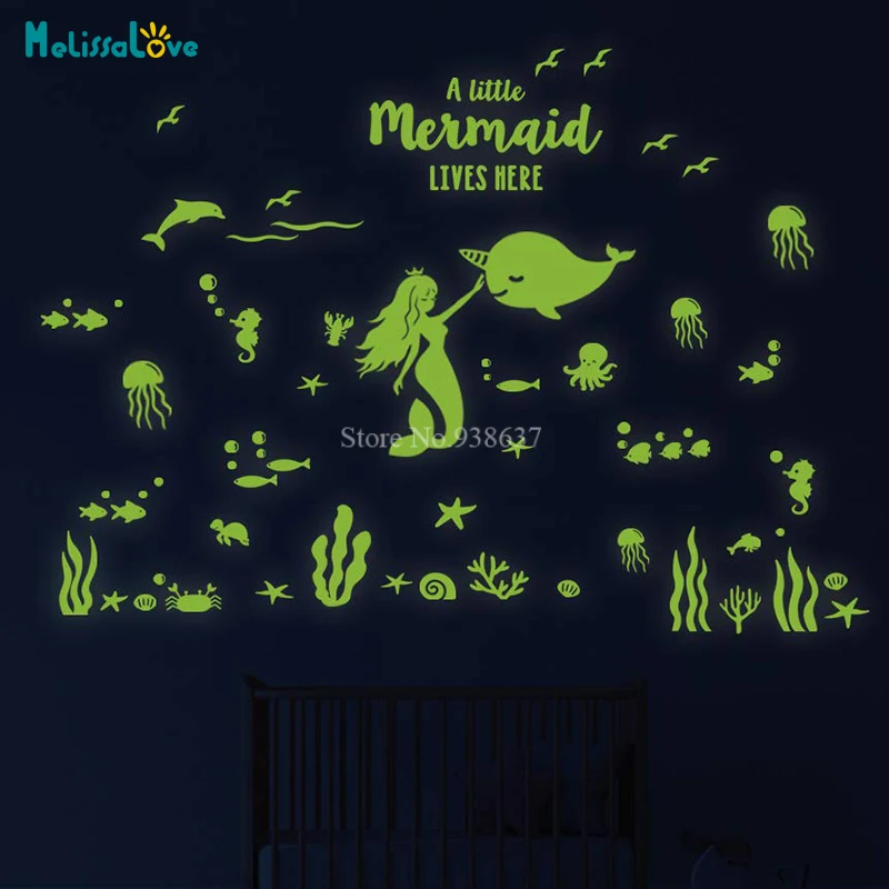 109 pcs A Little Mermaid Lives Here Theme Baby Room Glow in Dark Glowing Wall Sticker Nursery ceiling Birthday Party Decal BC005