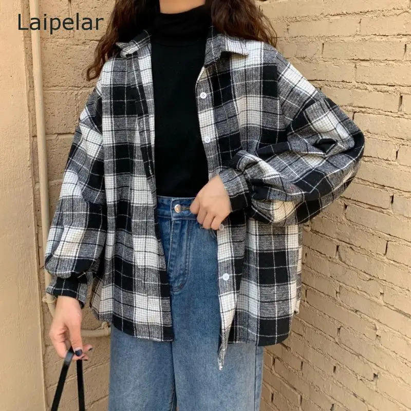 2020 Women\'s Fashion Retro Style Plaid Long-Sleeved Shirt All-Match Casual Cardigan Blouse Top