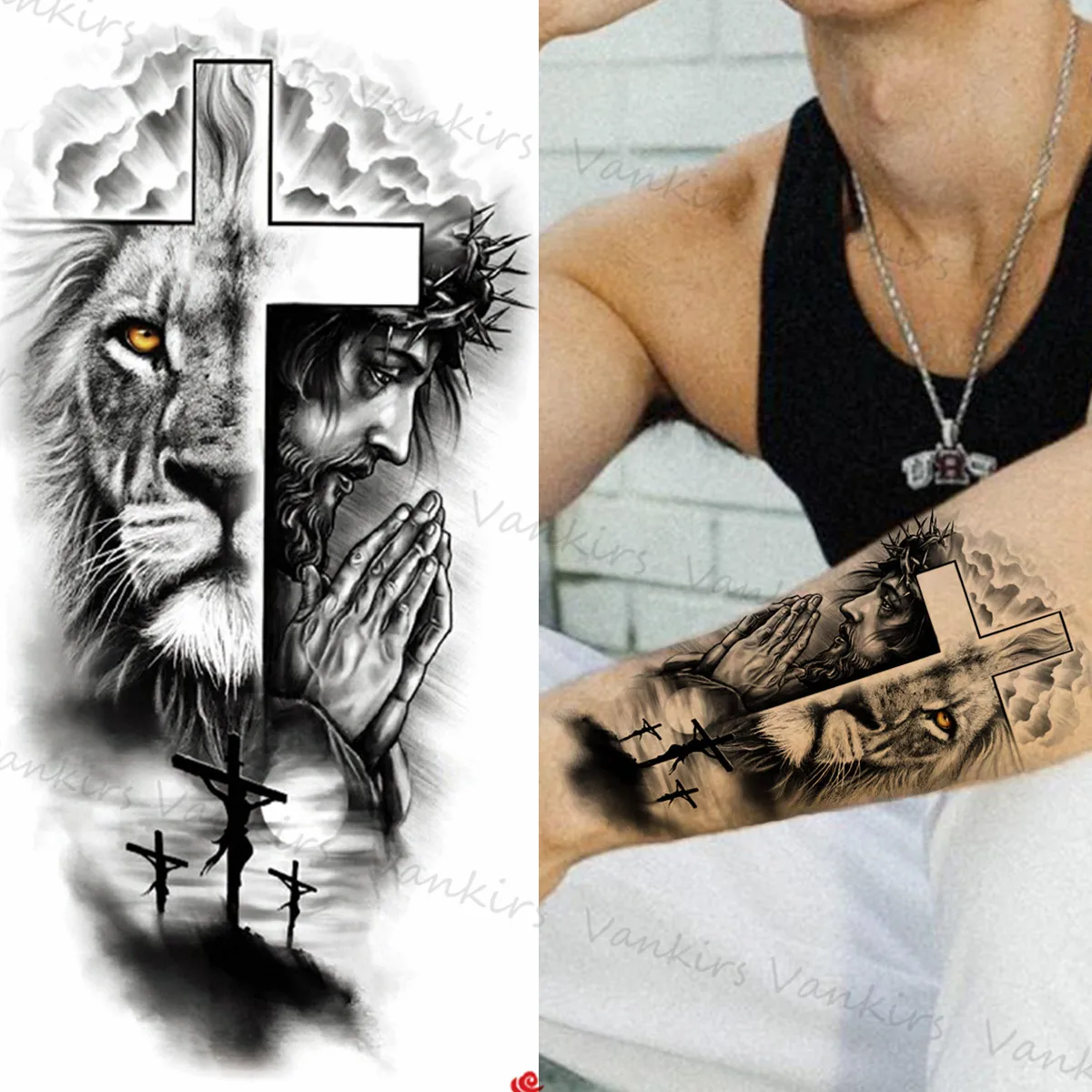 Lion Praying Cross Temporary Tattoos For Men Adults Snake Skull Flower Tiger Mountain Fake Tattoo Sticker Arm Jesus Christ