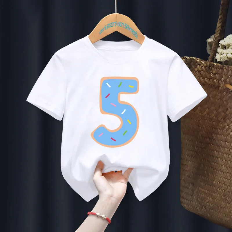 Children Blue Donut My 0-9th Birthday Number Fixed printing T-shirt Birthday Gift Present Clothes Baby Letter Tops Tee,Drop Ship