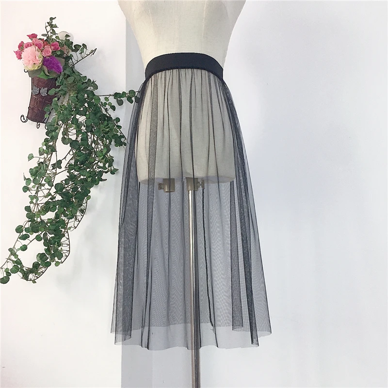 Women Sexy Mesh Lace Transparent Midi Tulle Skirt Korean Fashion Summer Ladies Black White Elastic High Waist  Beach Midi Skirt