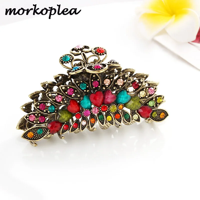 Morkopela Big Metal Hair Claw Jewelry Vintage Flower Hair Claws Crab Women Banquet Rhinestone Hair Clip Accessories