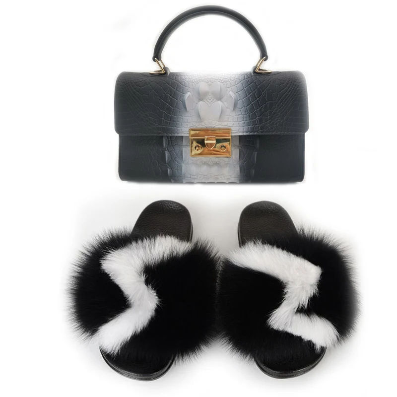 New Women Casual Plush Real Fox Fur Slippers Fashion Shoulder Bag Handbag  Ladies Cute Flat Furry Fur Slides Fluffy Fur Shoes