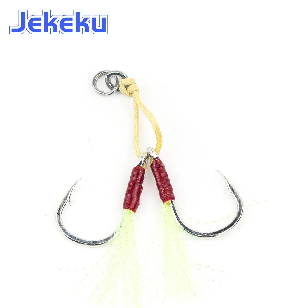 JEKEKU  2pcs Fishing Hooks with Feather Slow Jigging Double Assist1/0 2/0 3/0 5/0 7/0 Thread High Carbon Steel Kevlar Line