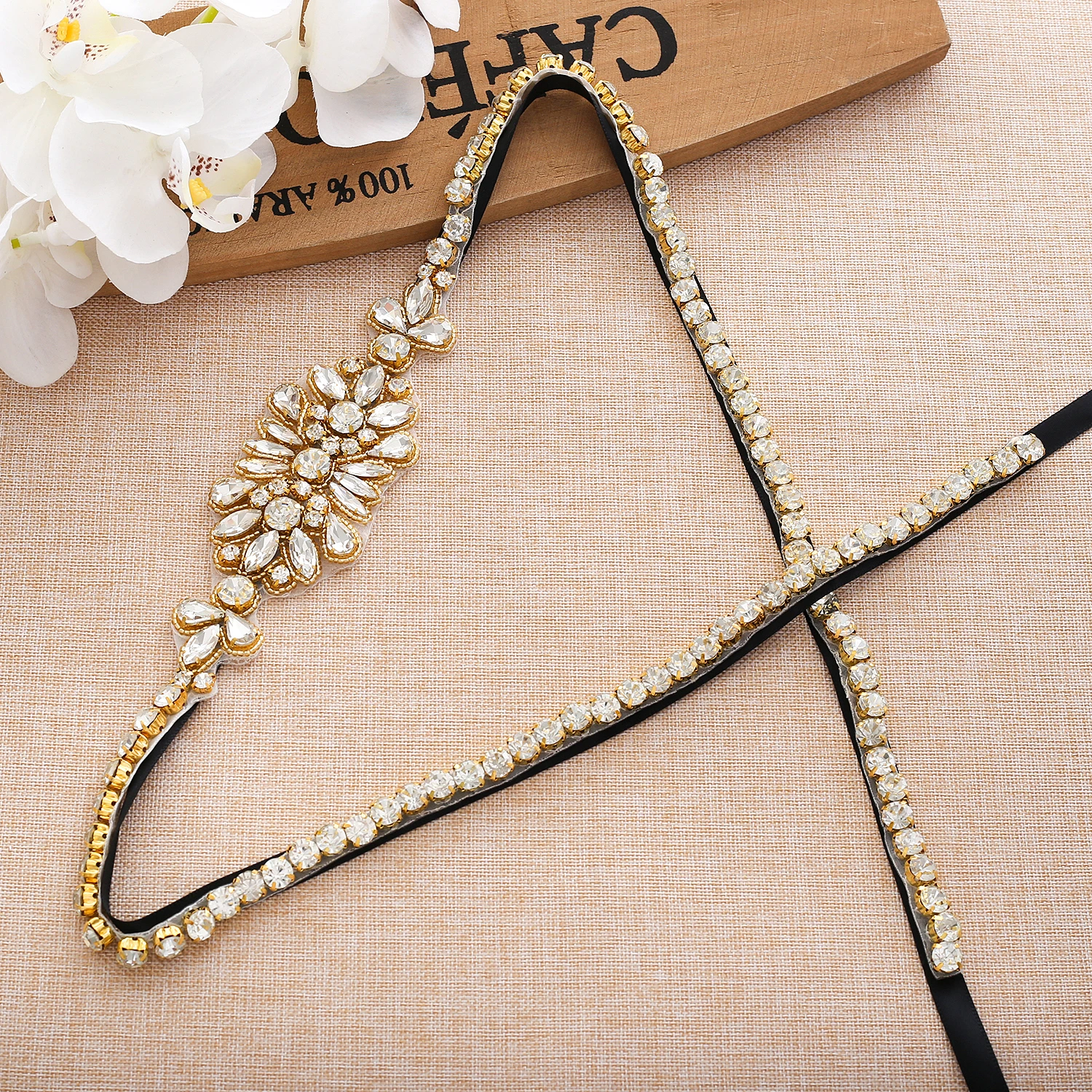 35.82In Gold Crystal Wedding Belt Rhinestones Bridal Belt  With Pearls Ribbons Bridal Sash For Wedding Dress J192G