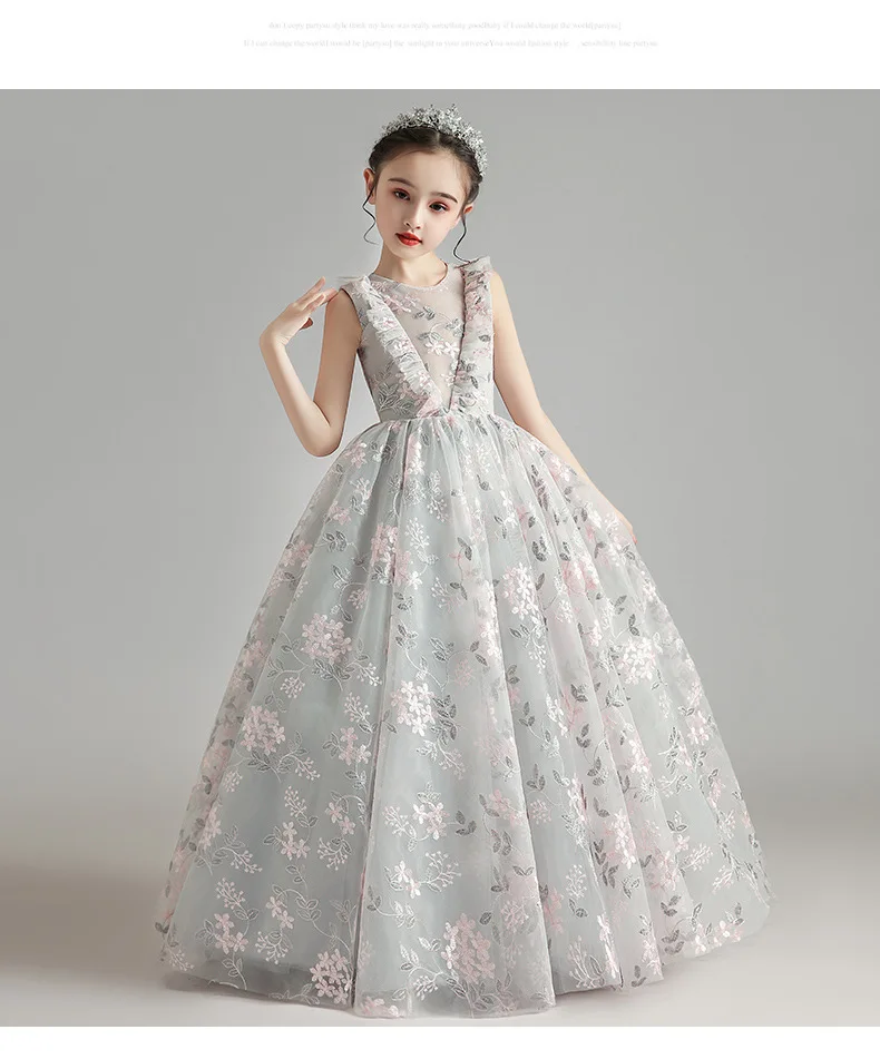 Fluffy Tulle Flower Girl Dresses Gray Lace Embroidery Floral Prom Gown Pageant For Weddings Kids Party Holy Communion Costume