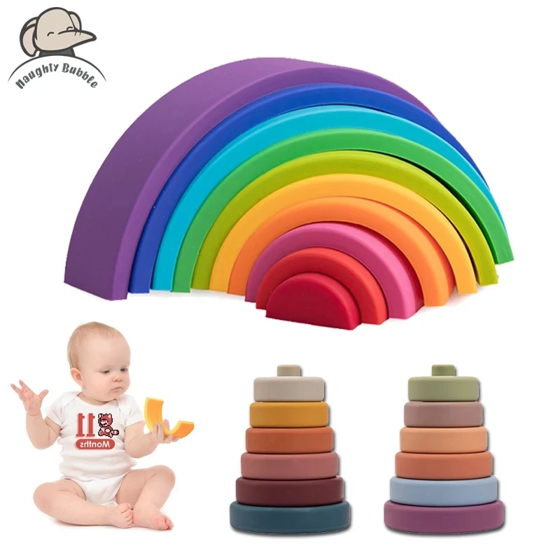 สายรุ้งซิลิโคนบล็อกสำหรับเด็ก Rainbow Stacker Stacking Blocks ของเล่นเด็ก Constructor Montessori เกมของเล่นเพื่อการศึกษาของขวัญ