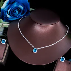 CWWZircons Shiny Square Cut Cubic Zirconia Light Blue Jewelry Set for Women White Gold Color Bridal Wedding Party Necklace T576