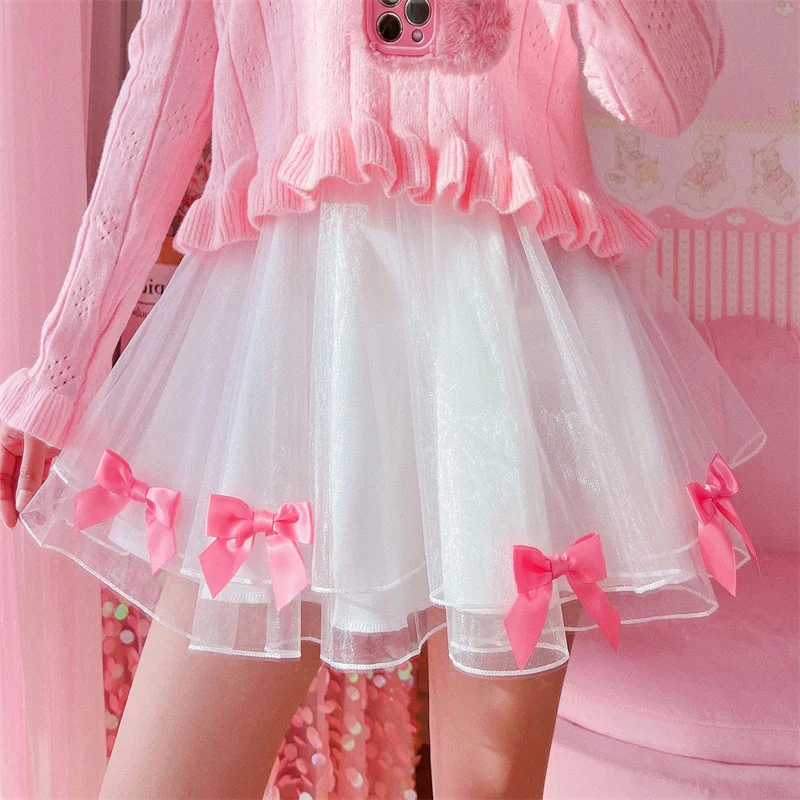 Korean Fashion Mini Skirt Women School Girls Lolita Kawaii White Tulle Pleated Tutu High Waist Skater Aesthetic Short Skirts