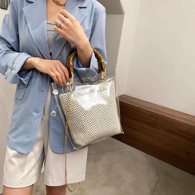 Bamboo Knot Design Handle Transparent Rattan Straw Crossbody Bags for Women 2021 Summer Fashion Chain Shoulder Handbags Totes