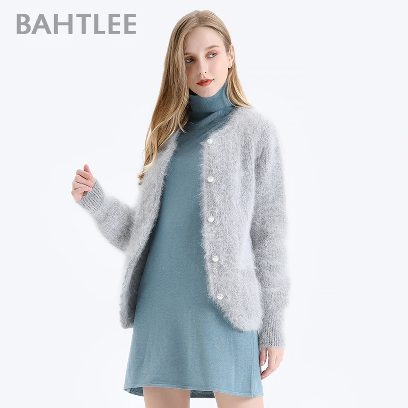 BAHTLEE-Women\'s Angora Short Wool Cardigans, Knitted Coat, Long Sleeves, O-Neck, Pearl Buckle, Autumn, Winter