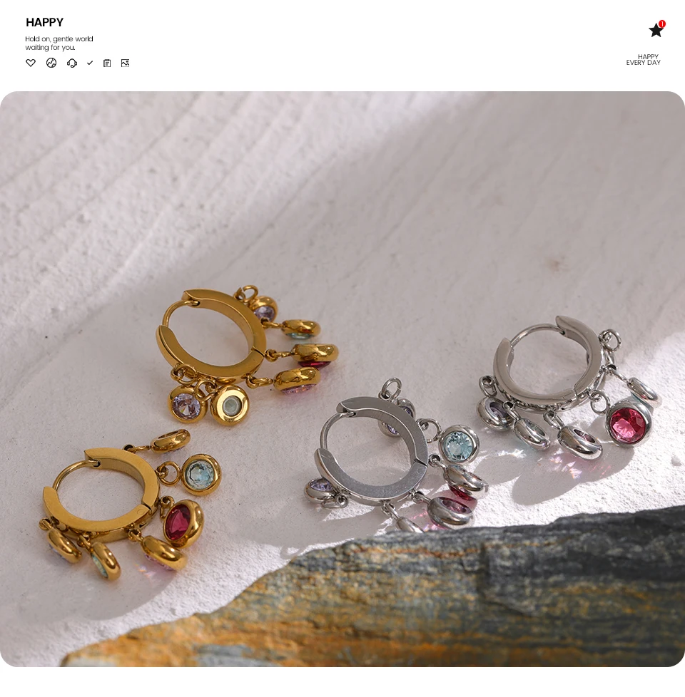 Yhpup Edelstahl Bunte Zirkonia Creolen für Frauen Exquisite Mode Metall Textur Geometrische Ohrringe Geschenk – Detail 8