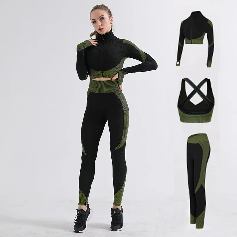 

Women Yoga Set Running Seamless Gym Clothing Fitness Leggings Crop Top Sportswear High Waist Fitness Legging 3pcs Yoga Suit