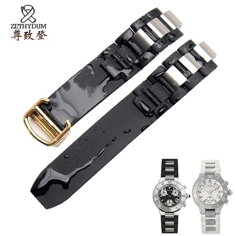 20 * 10mm For Cartier 21th Century Raised Mouth Silicone Watch Strap  Watch Black and White Watrproof Watch Chain