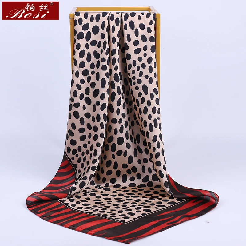 BOSI Fashion Silk Dot print Square Satin big 90*90cm hijab Chain Scarf for Women Leopard print Luxury Brand red Shawl Scarves