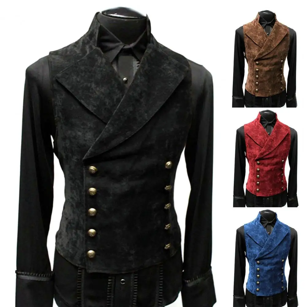 Mens Double Breasted Gothic Steampunk Velvet Vest Stand Collar Medieval Victorian Black Waistcoat Men Stage Cosplay Prom Costume