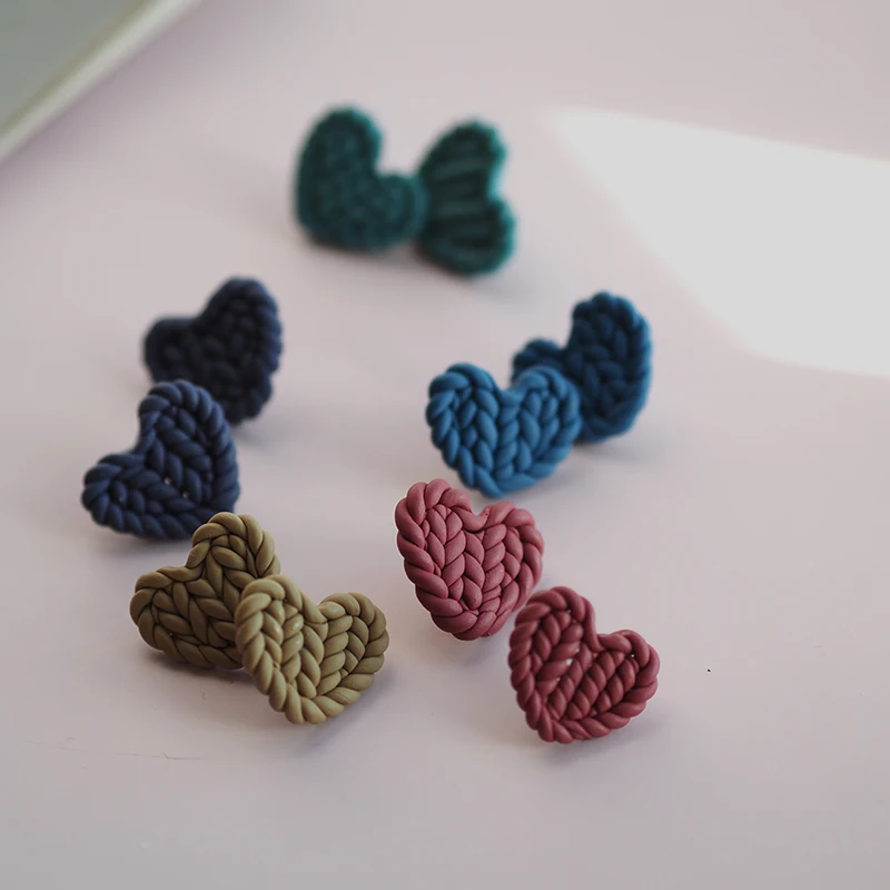 Cozy Knitted Texture Heart Studs Sweater Pattern Polymer Clay Earrings Small Love Heart Jewelry Handcrafted Sweet Daily Wear