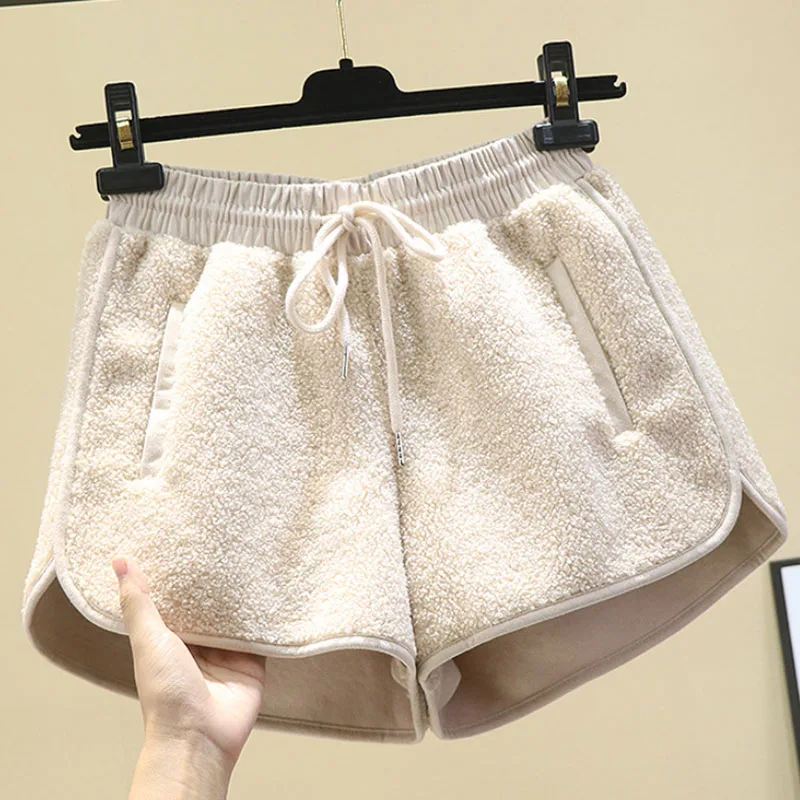 Sanderala Woman Wool Pajama Pants Fitness Elastic Waist Bandage Pocket Trousers Shorts Soft White Plus Size Lingerie Underwear