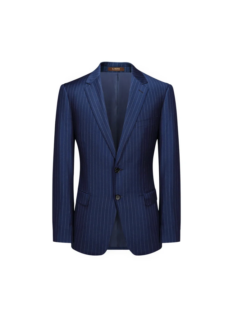 100% 130S Wool Suit Set Men Groom Wedding Dress Clothing Deep Blue Stripe Slim Style Single Breasted Business Man Formal Wear 44