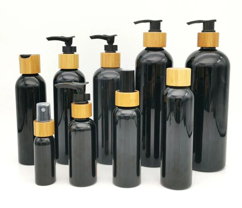 โลโก้ที่กําหนดเอง 200ml พลาสติก PET สีดําขวดโลชั่นฝาไม้ไผ่หัวแชมพู/body wash ไม้ไผ่ปั๊มฝาปิด Treatment ปั๊มเซรั่มขวด